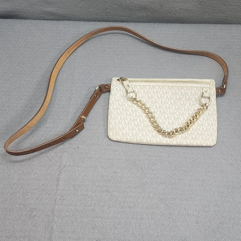 Michael Kors Belt Bag Vanilla‎ Acorn Monogram Gold Chain Women Small